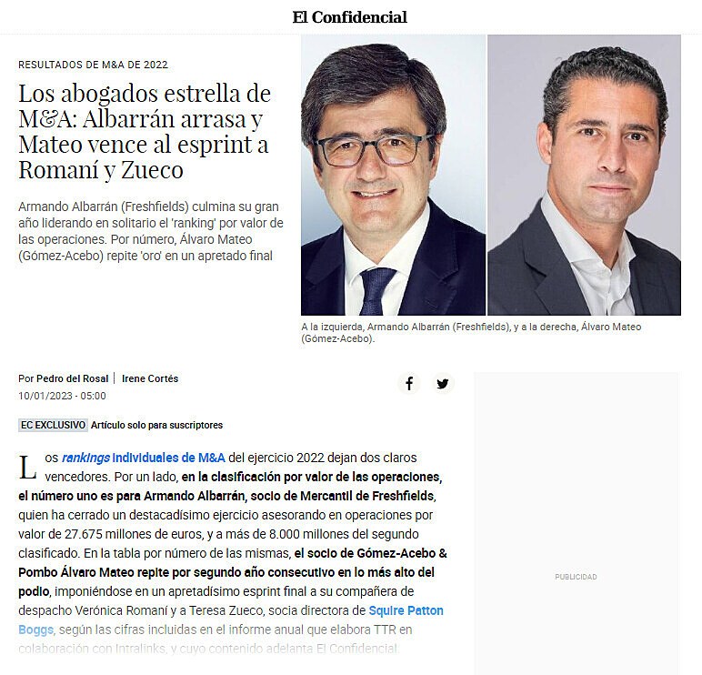 Los abogados estrella de M&A: Albarrn arrasa y Mateo vence al esprint a Roman y Zueco